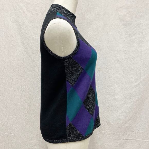 Vintage 90s argyle metallic accent sleeveless mock neck sweater Size‎ Small - Picture 10 of 12